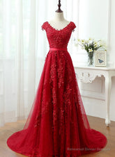 Charming Dark Red Lace A-line Long Prom Dress, Red Evening Gown